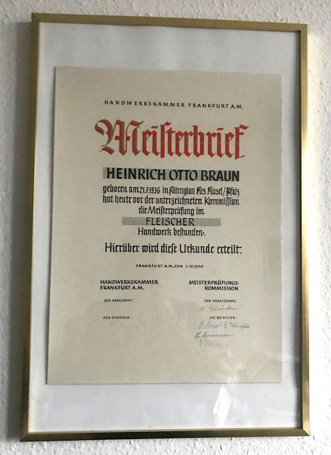 Meisterbrief Heinrich Otte Braun Fleischer Handwerk